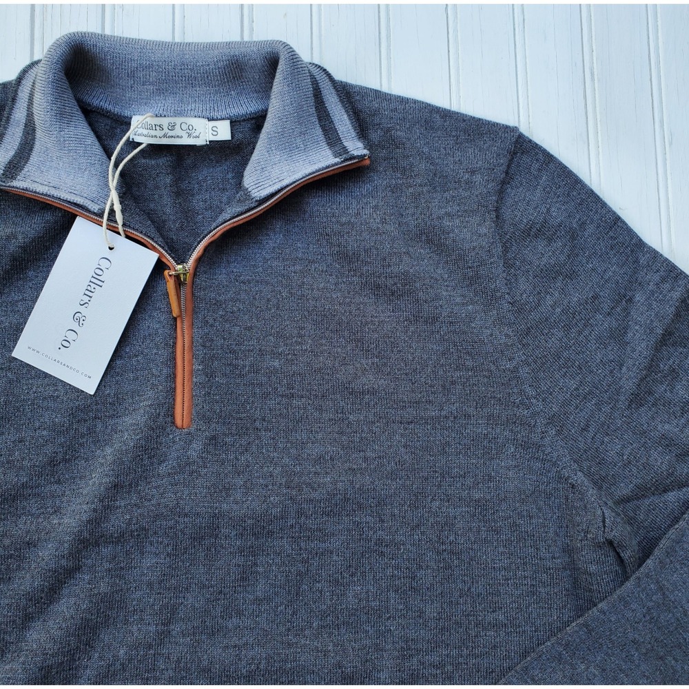 Collars & Co Men's Australian Merino Wool‎ Quarter Zip Sweater Grey Small NWT
